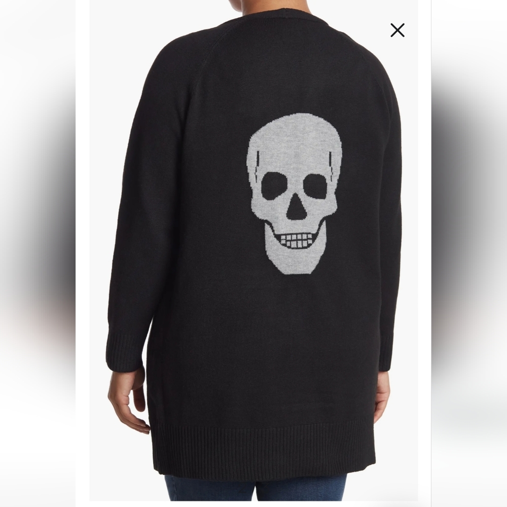 SWEET ROMEO Sz 1X Edgy Skull Knit Open Cardigan Black/Latte 34" Whimsigoth Goth